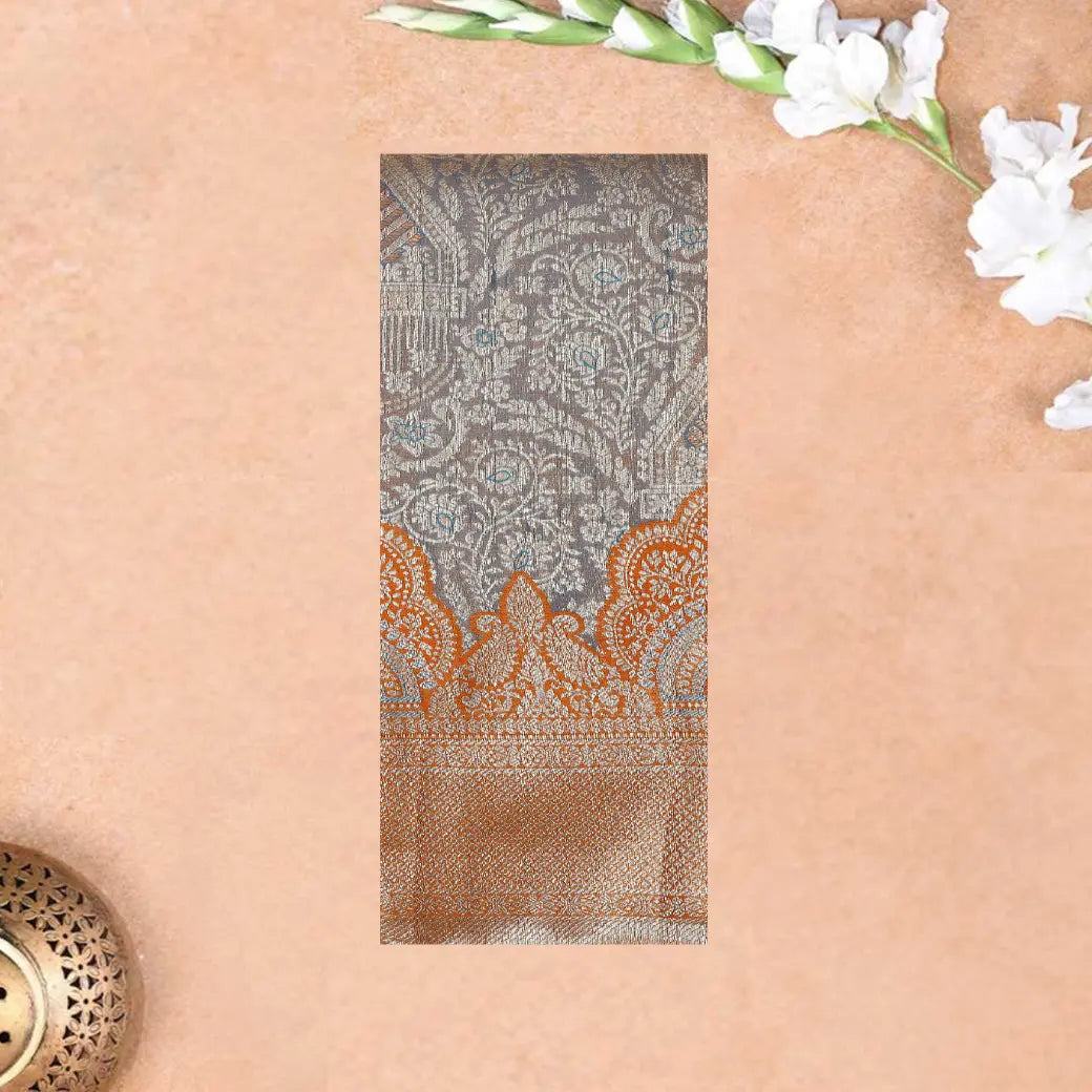 Warm Grey with Orange Floral Design Tissue Silk Saree