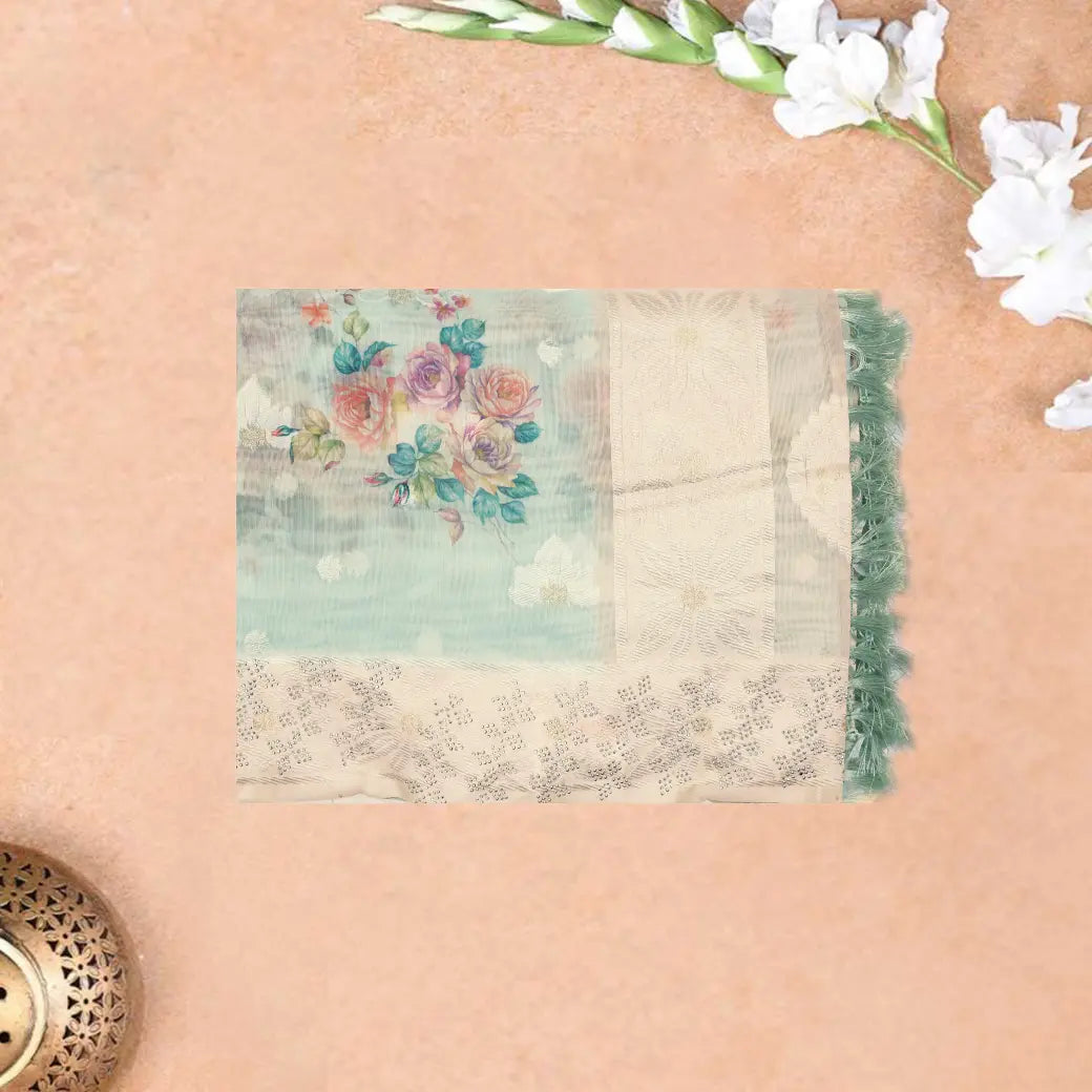 Pastel Green with Light Beige Semi Burberry Silk Saree