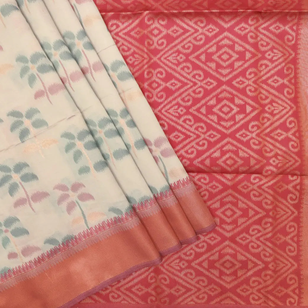 Light CreamWith Red Pochampally Semi Ikat Silk Saree