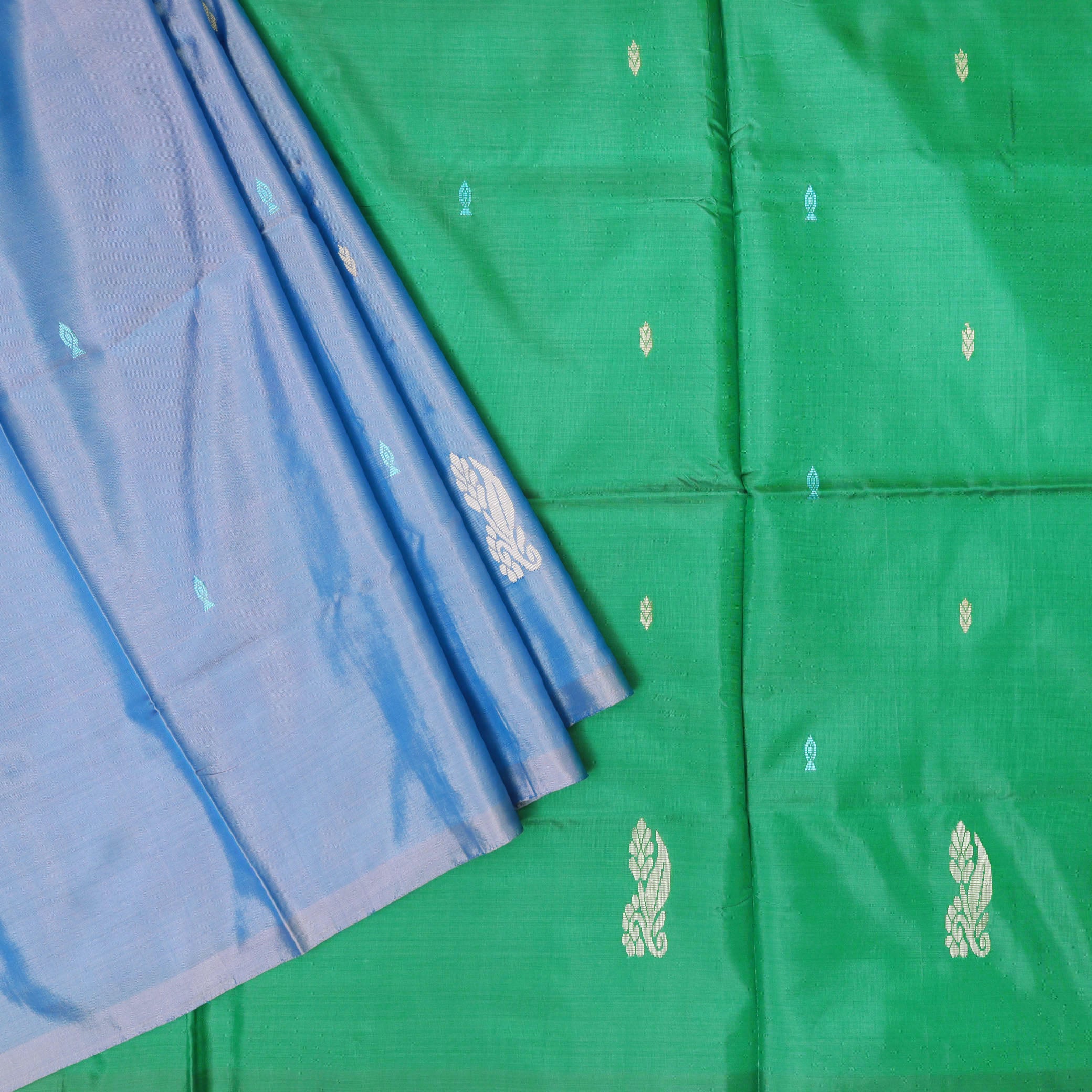 Blue With Green Pallu Banana Pith Saree With Running Blouse