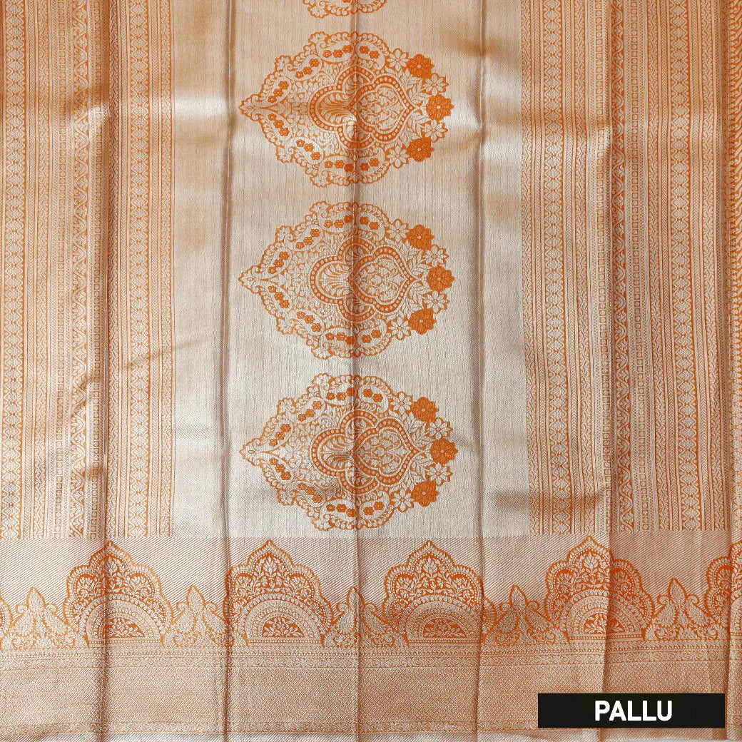 Warm Grey with Orange Floral Design Tissue Silk Saree