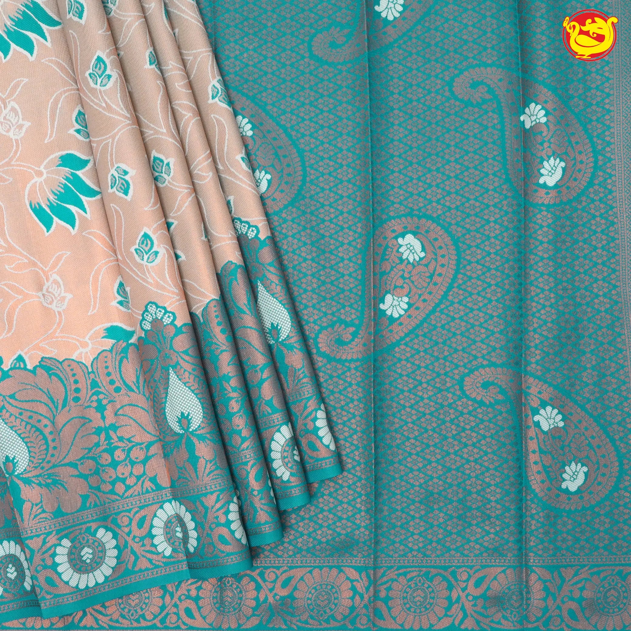 Creamy Sandel with Green Lotus Floral Kubera Pattu Saree