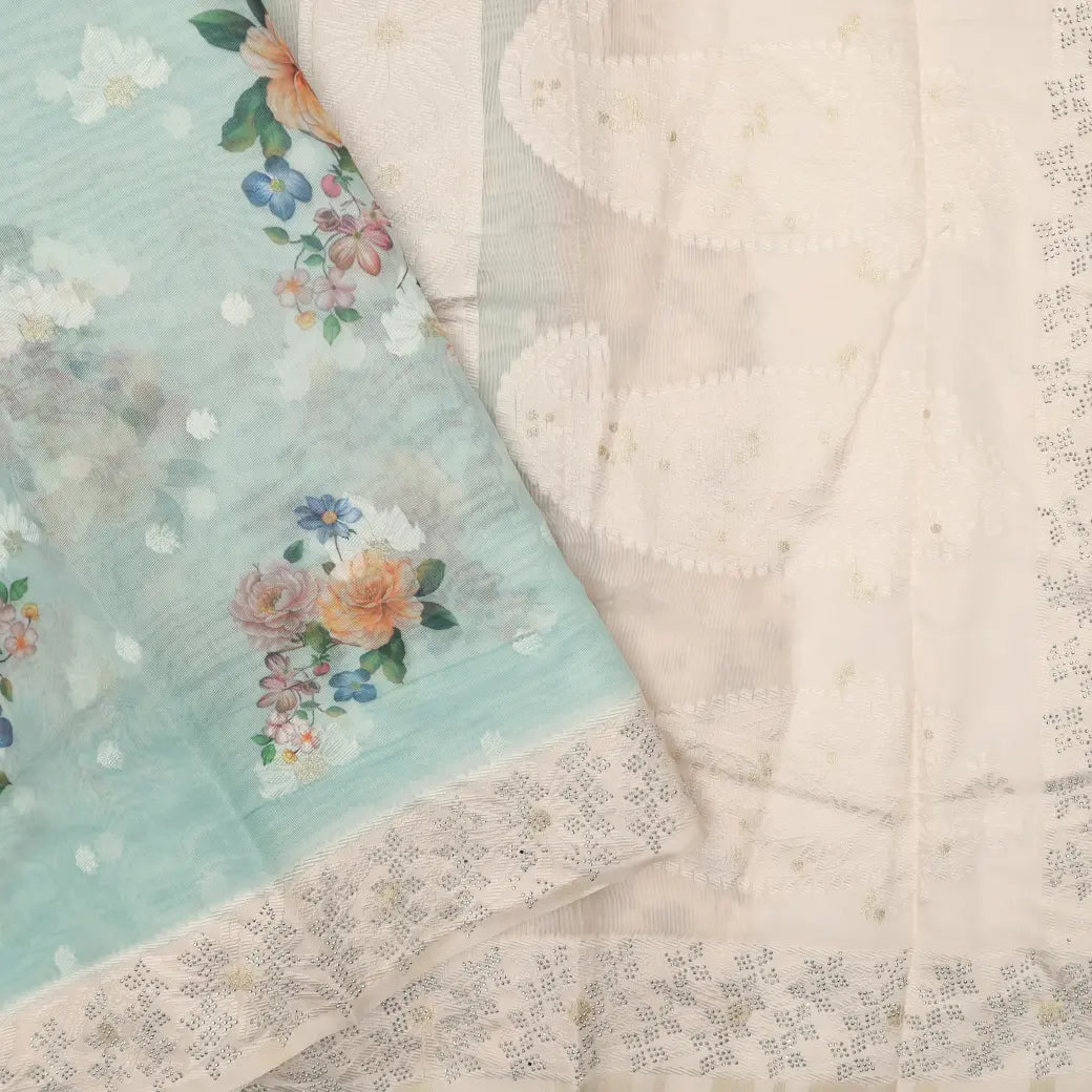 Pastel Green with Light Beige Semi Burberry Silk Saree