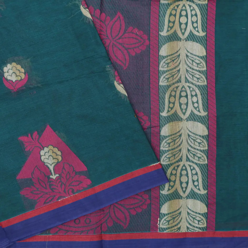 Dark Green with Blue Border Negamam Cotton Saree