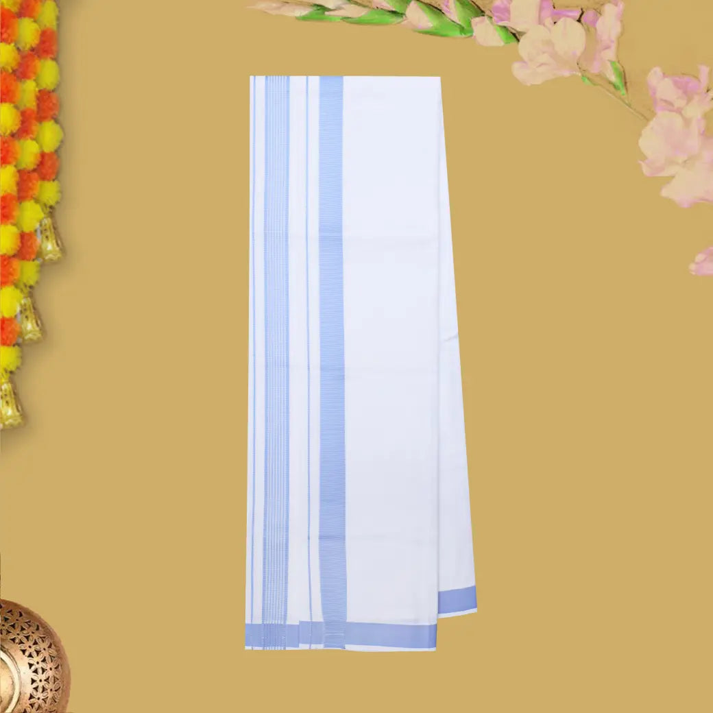 Blue With White Cotton Readymade Shirt and Double Matching Border Dhoti Set For Men