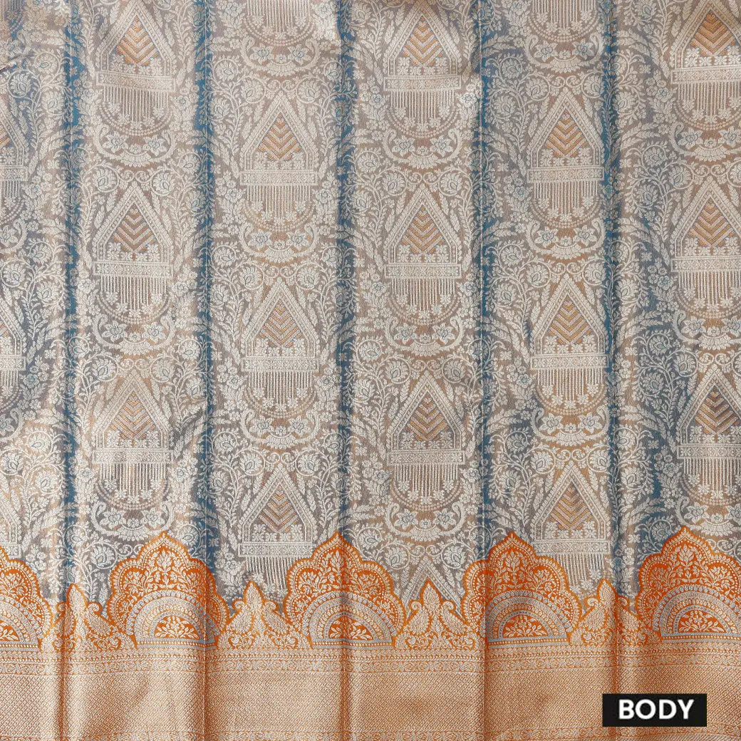 Warm Grey with Orange Floral Design Tissue Silk Saree