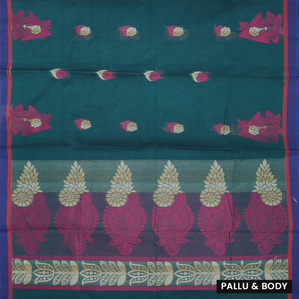 Dark Green with Blue Border Negamam Cotton Saree