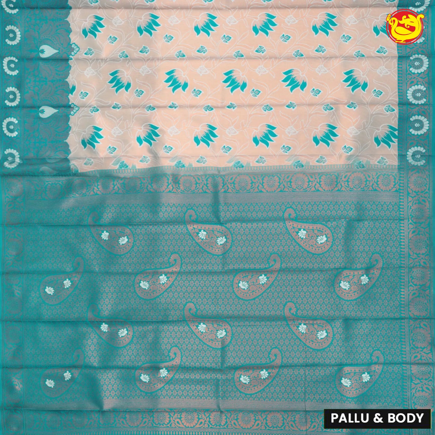 Creamy Sandel with Green Lotus Floral Kubera Pattu Saree