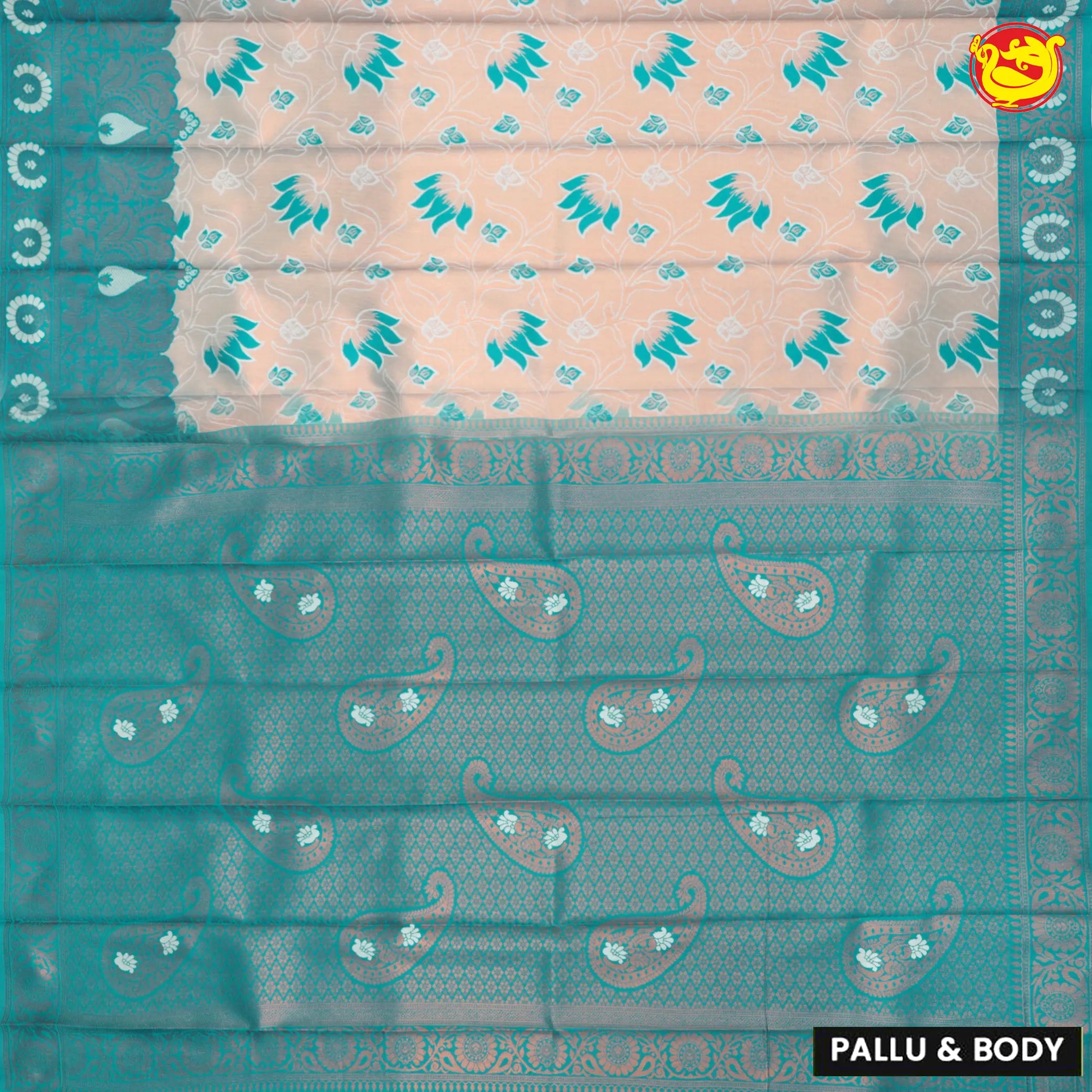 Creamy Sandel with Green Lotus Floral Kubera Pattu Saree