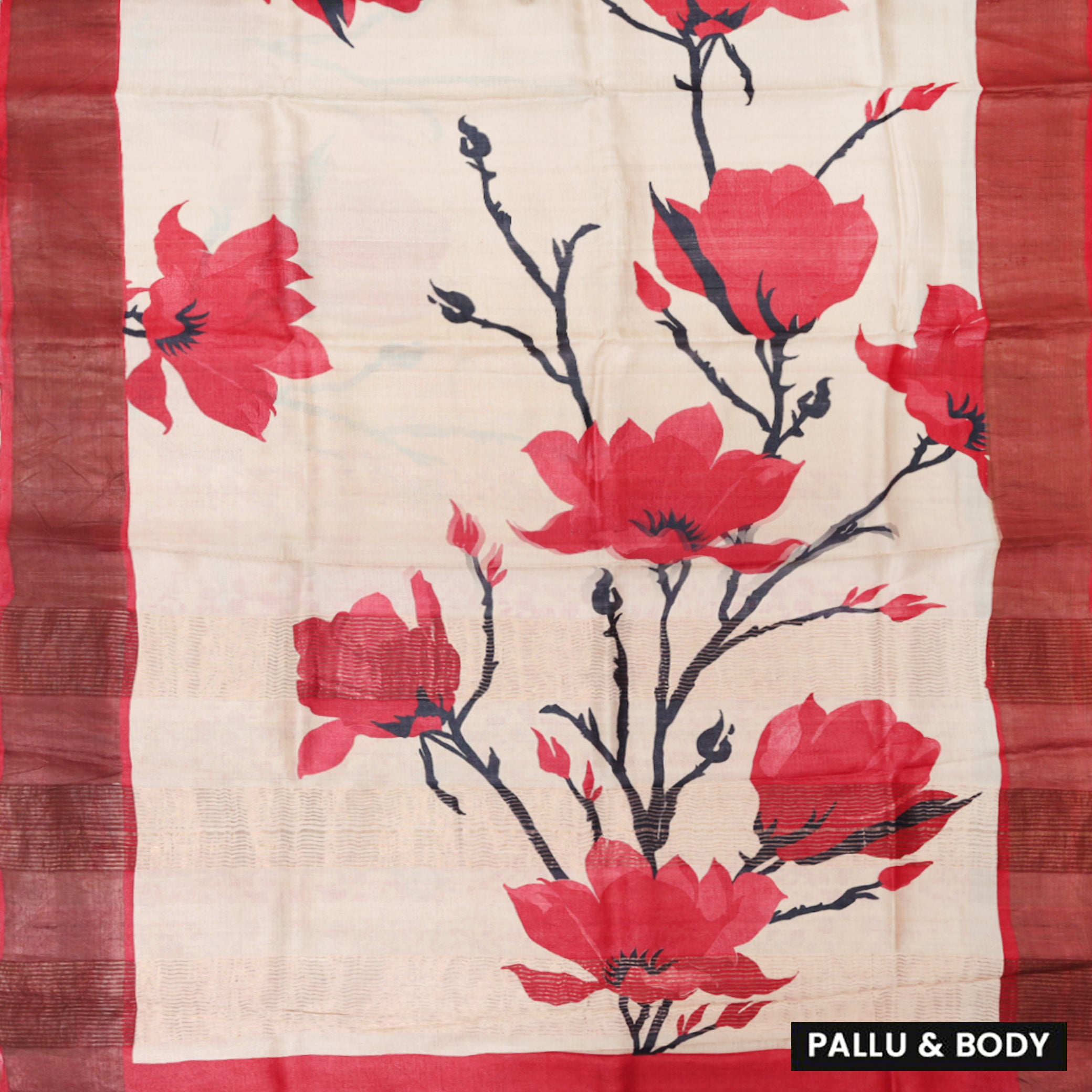 Pure Tussar Silk Saree Sandal and Red Shade With Floral Design and Painted Prints and Zari Woven Border