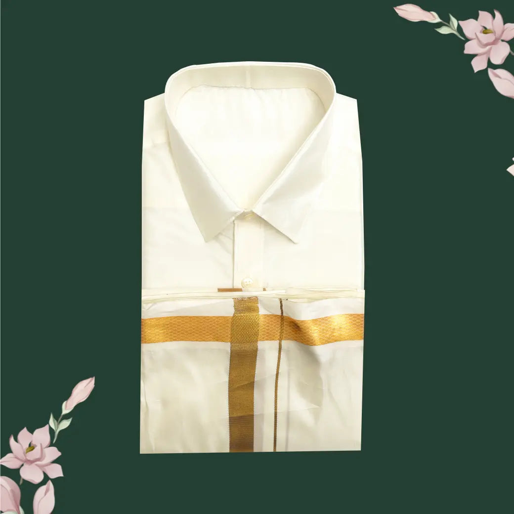 Cream with Gold Men’s Silk Readymade Shirt and Dhoti Set