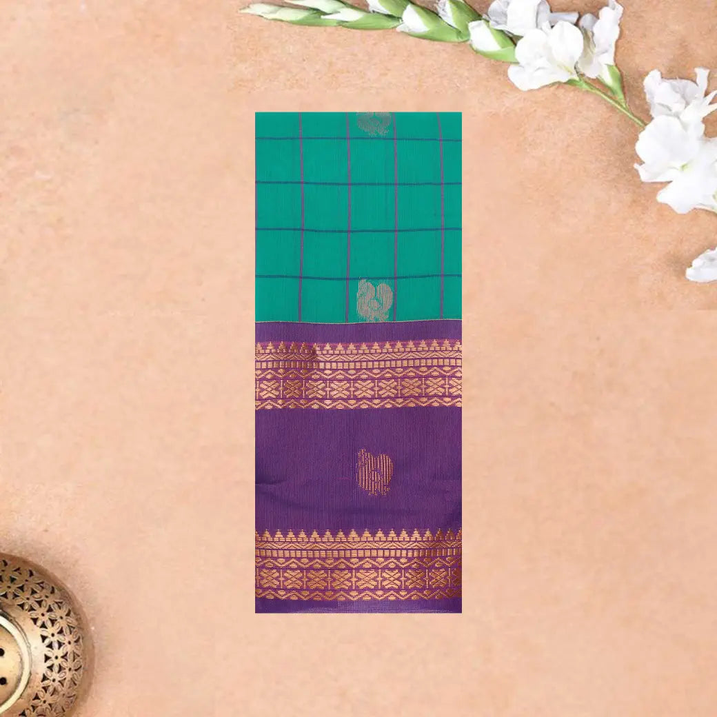 Green With Purple Checked Silk Cotton Saree