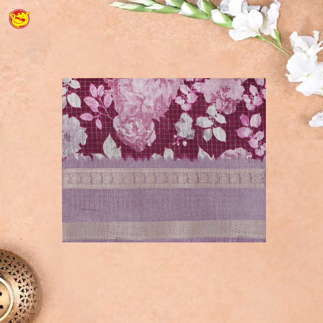 Purple with Dusty Lavender Floral Printed & Checked Semi Dola Silk Saree