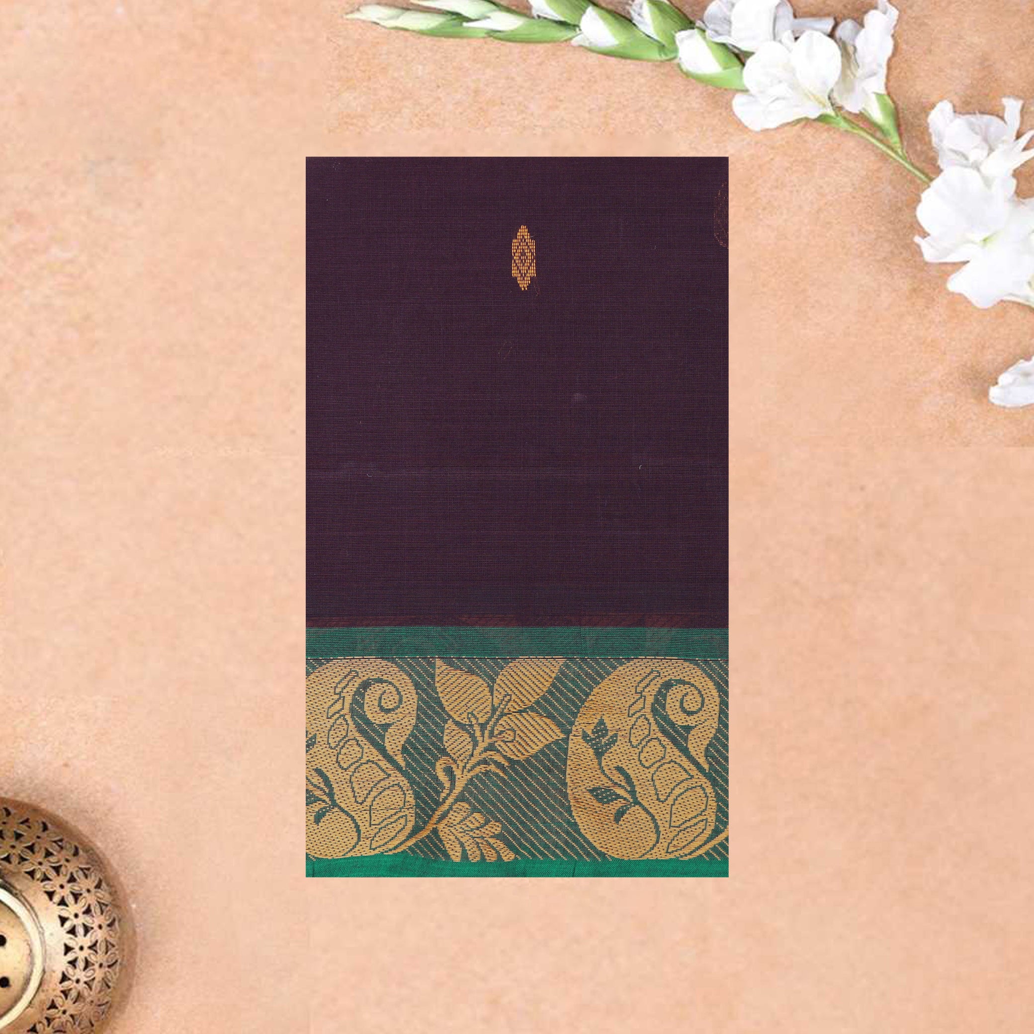 Dark Purple With Green Pure Cotton Saree without Blous