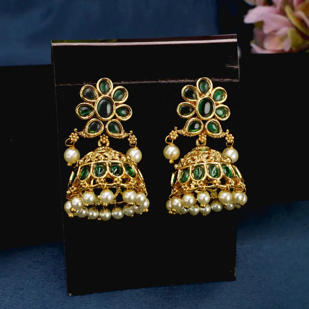 JHUMKA POLKI EARRINGS with GREEN stone and pearl hangings