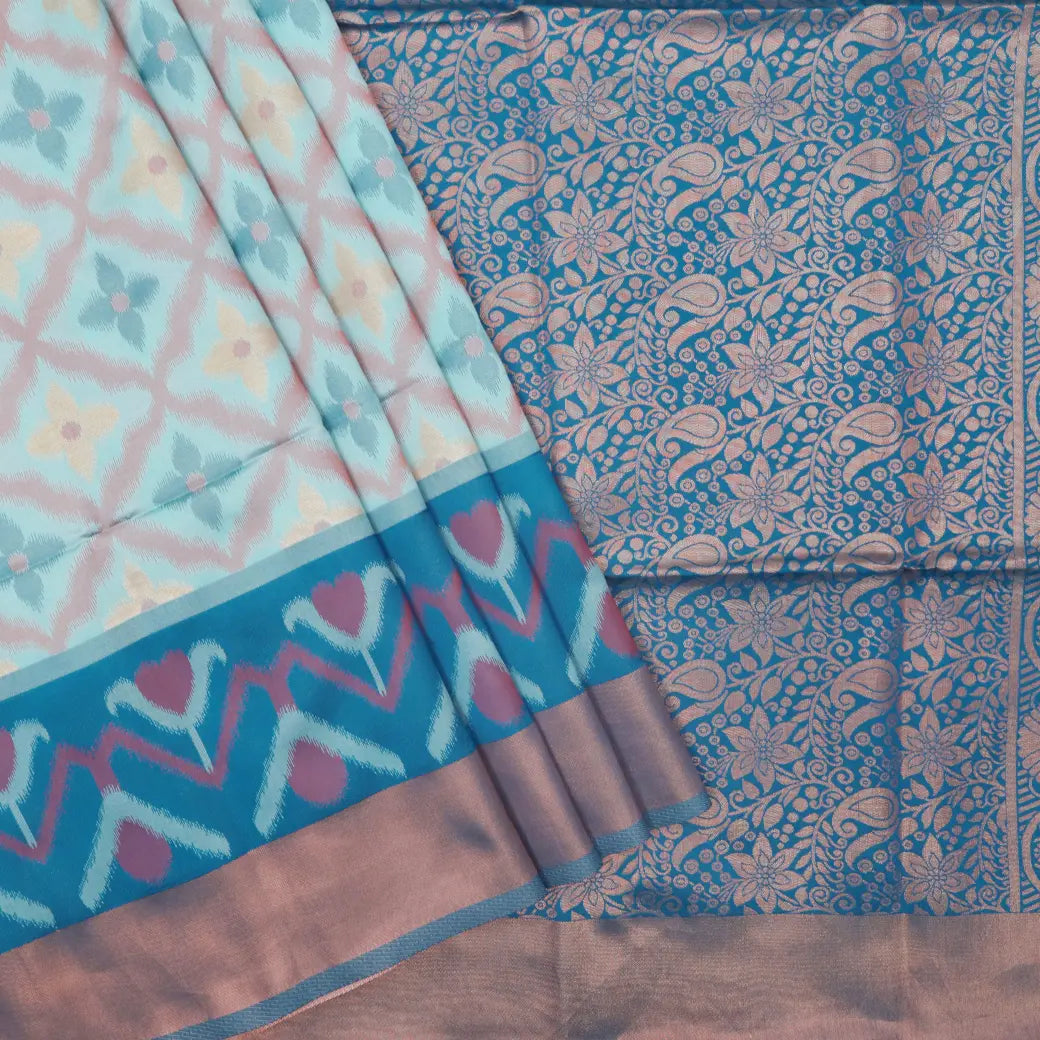 Cream Blue With Blue Pochampally Semi Ikat Silk Saree
