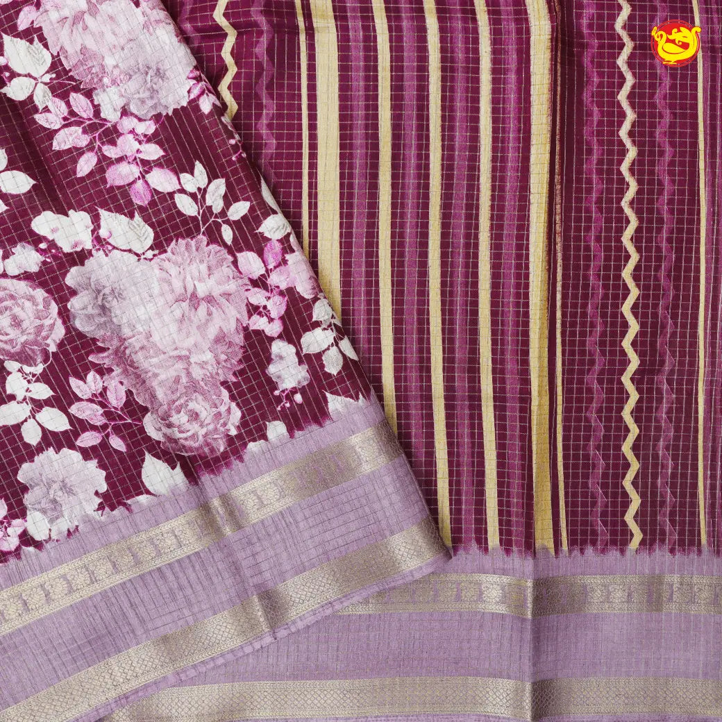 Purple with Dusty Lavender Floral Printed & Checked Semi Dola Silk Saree