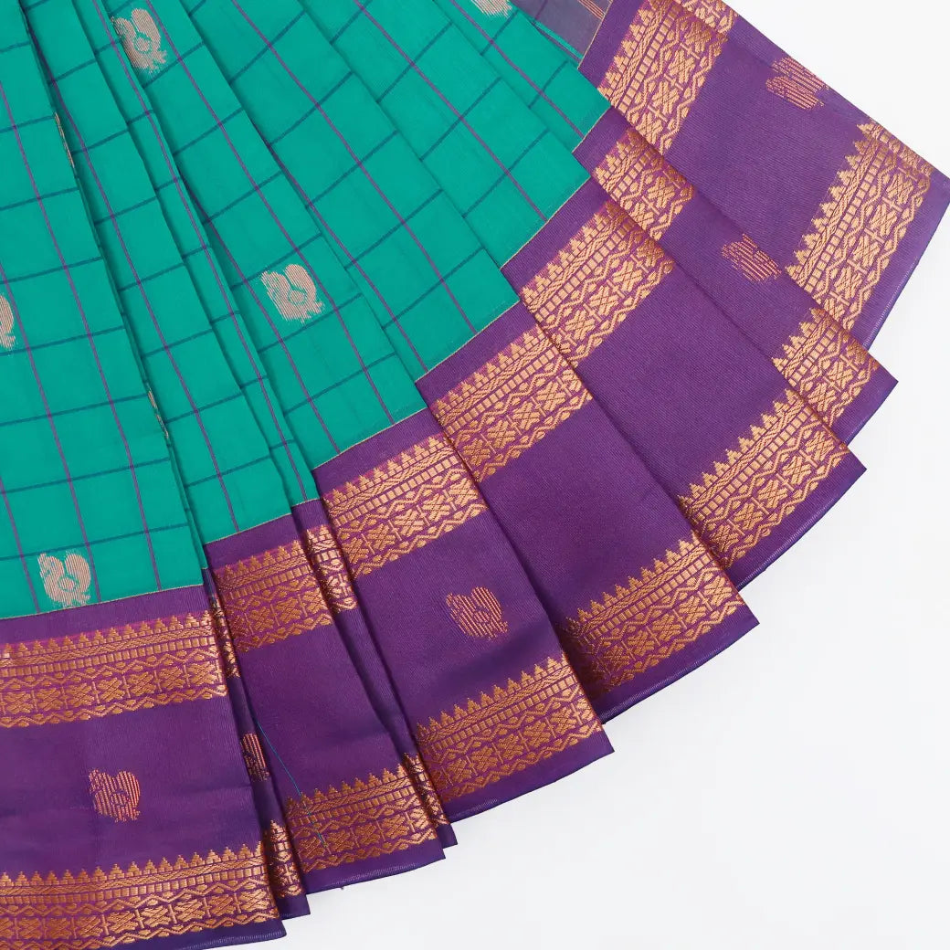 Green With Purple Checked Silk Cotton Saree