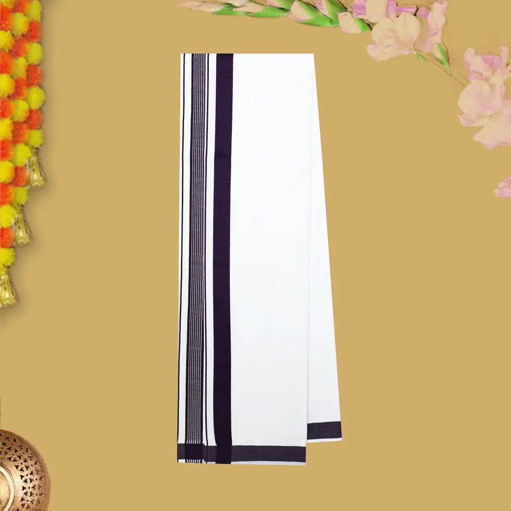 Purple With White Cotton Readymade Shirt and Double Matching Border Dhoti Set For Men