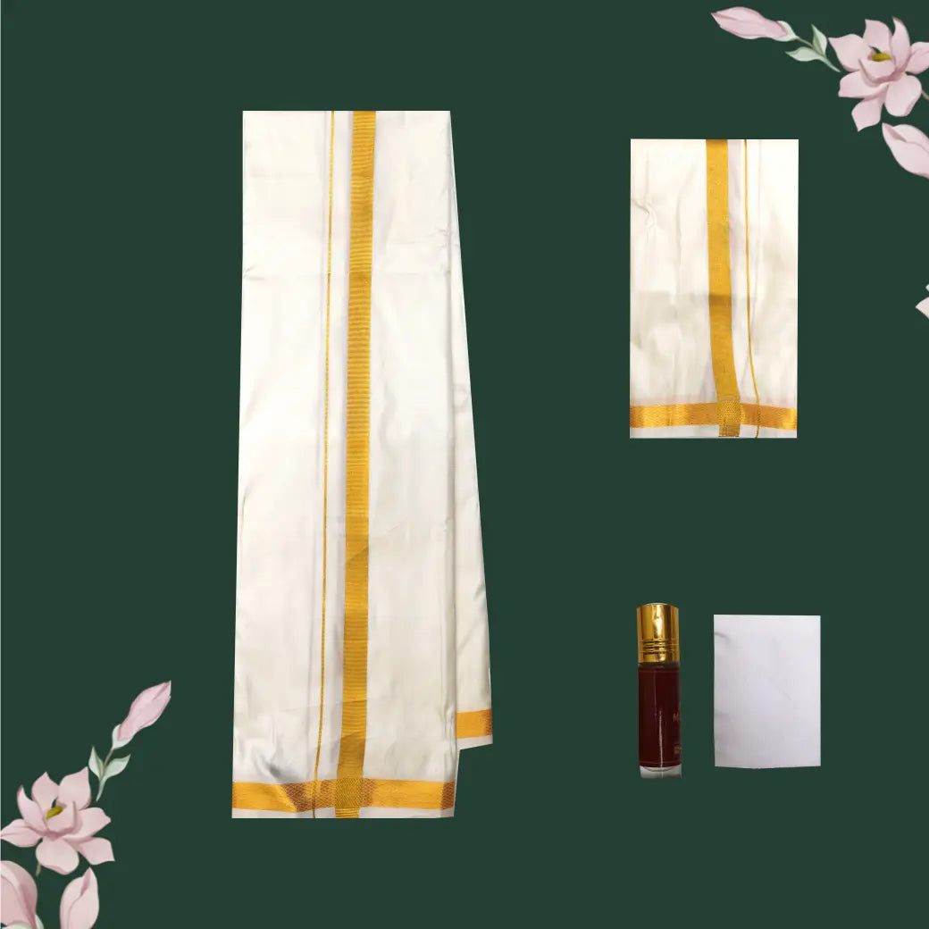 Cream with Gold Men’s Silk Readymade Shirt and Dhoti Set