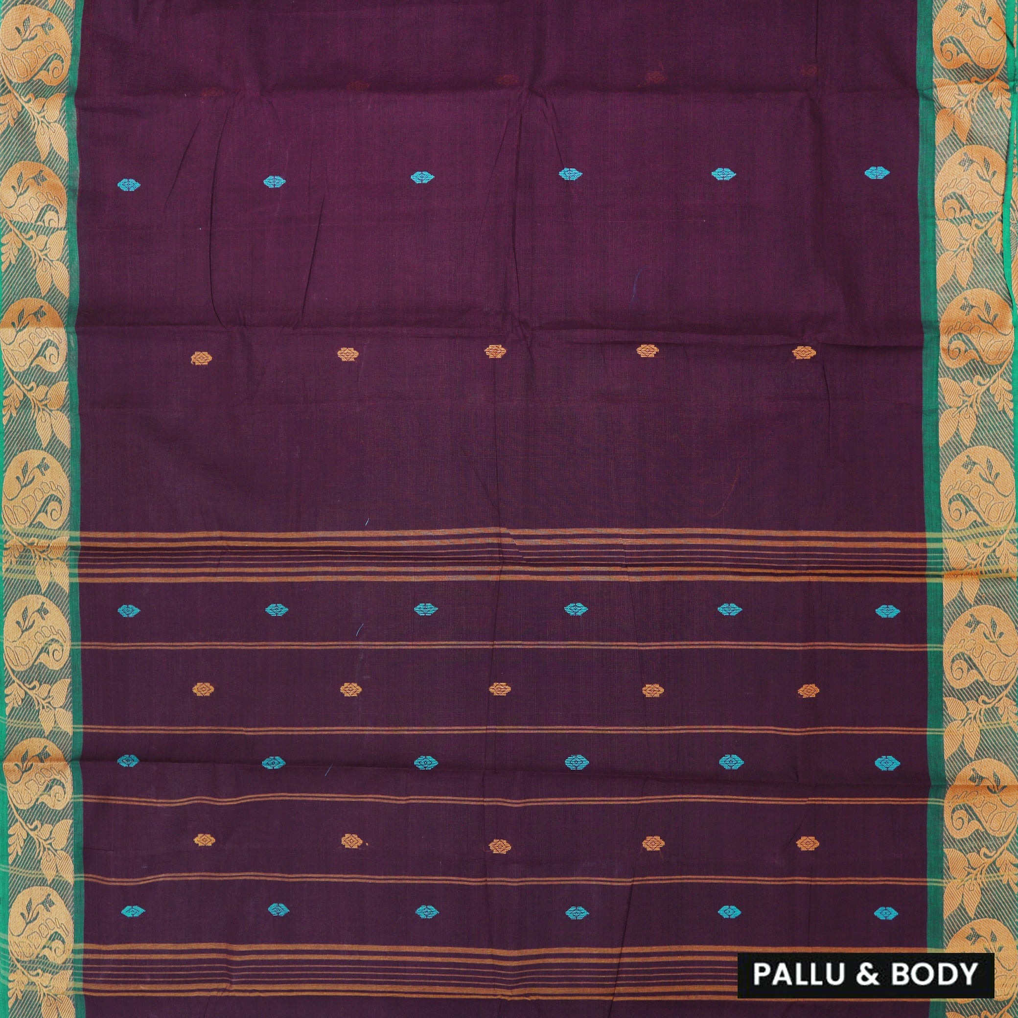 Dark Purple With Green Pure Cotton Saree without Blous