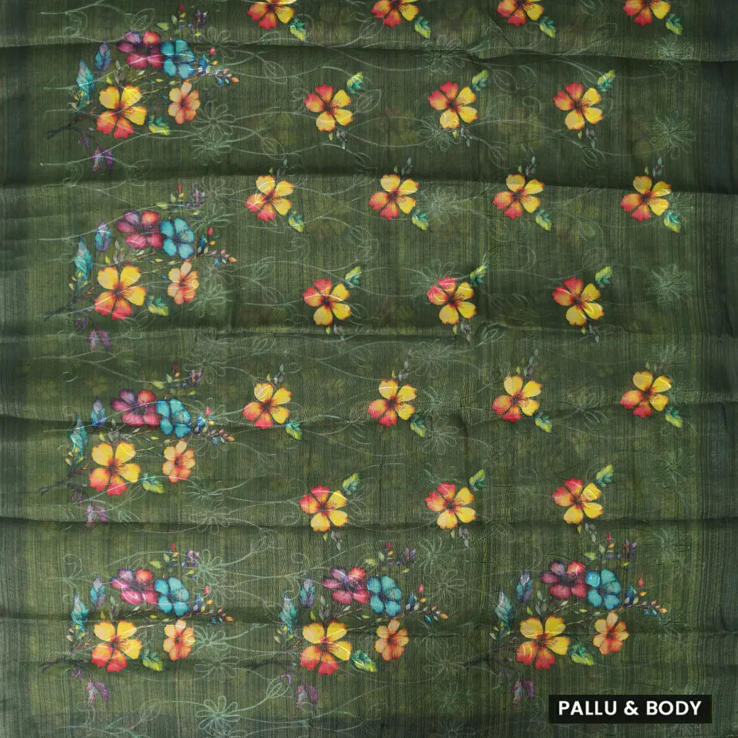 Dark Green with Floral Design Trendy Tissue Fancy Saree
