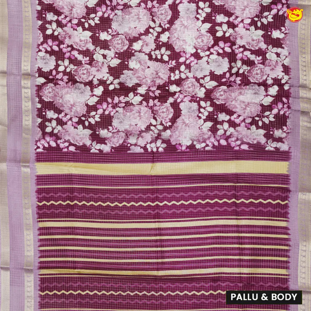 Purple with Dusty Lavender Floral Printed & Checked Semi Dola Silk Saree