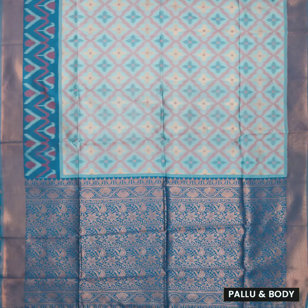 Cream Blue With Blue Pochampally Semi Ikat Silk Saree