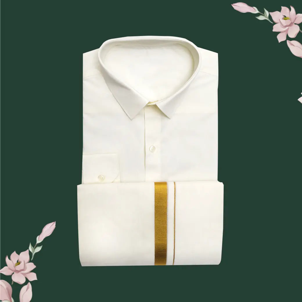 Cream with Gold Men’s Silk Readymade Shirt and Dhoti Set