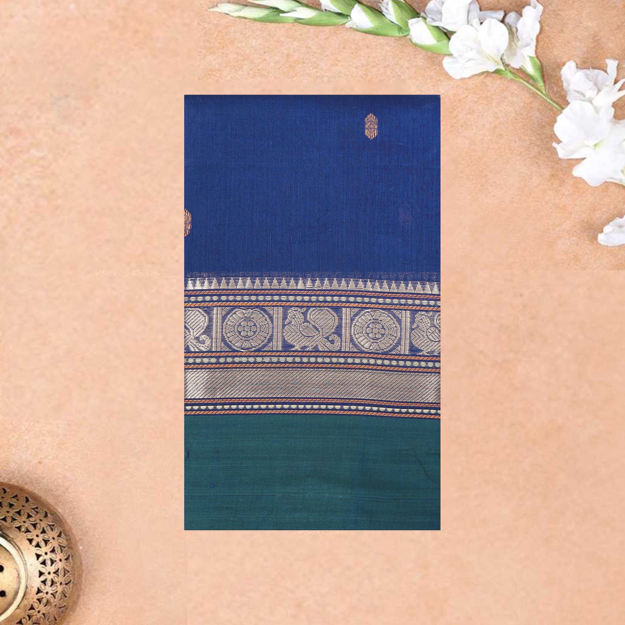 Navy Blue With Dark Green Pure Cotton Saree without Blous