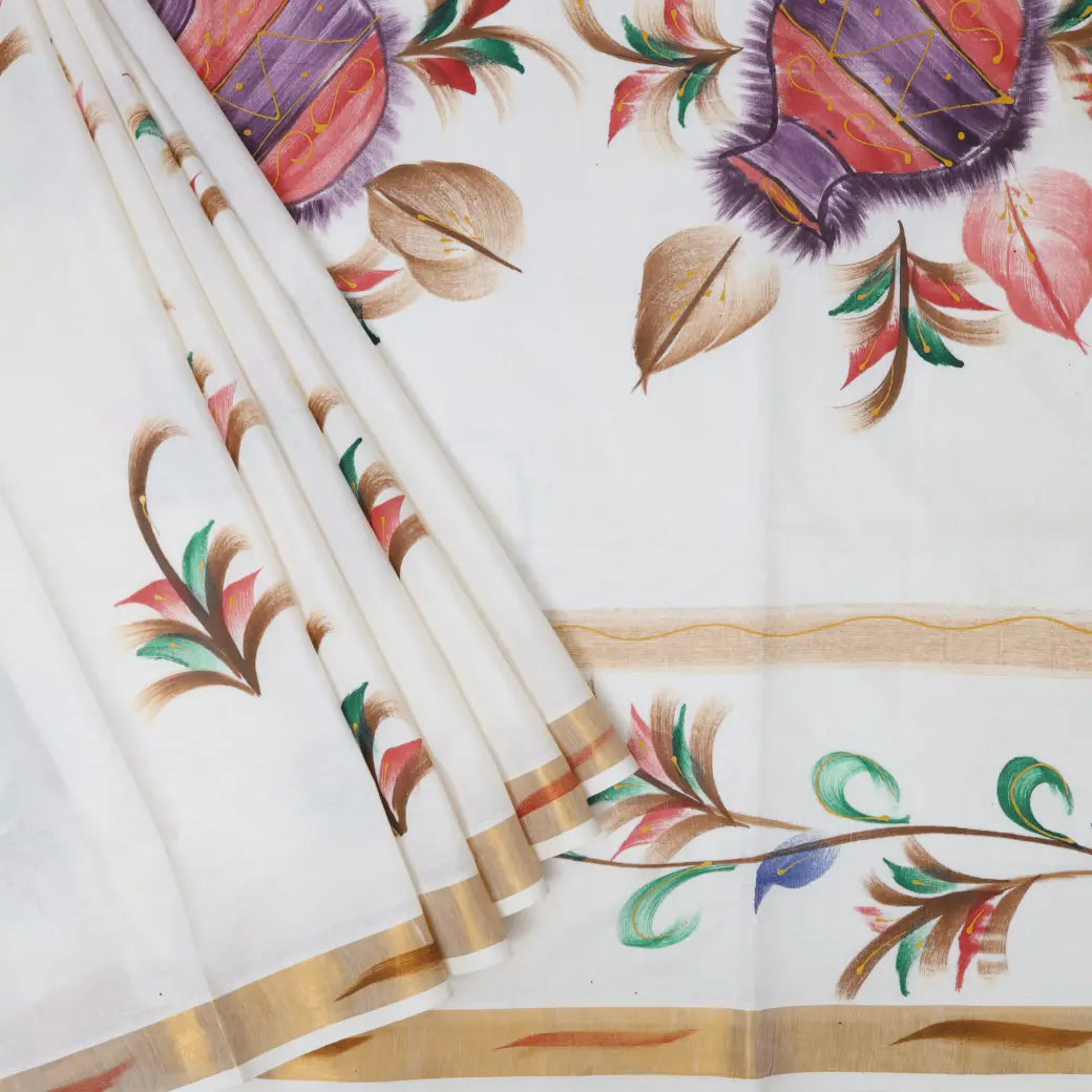 Southloom Exclusive Onam Kerala Traditional Fancy Border Floral Cotton Saree (Matching Plain Blouse Included)