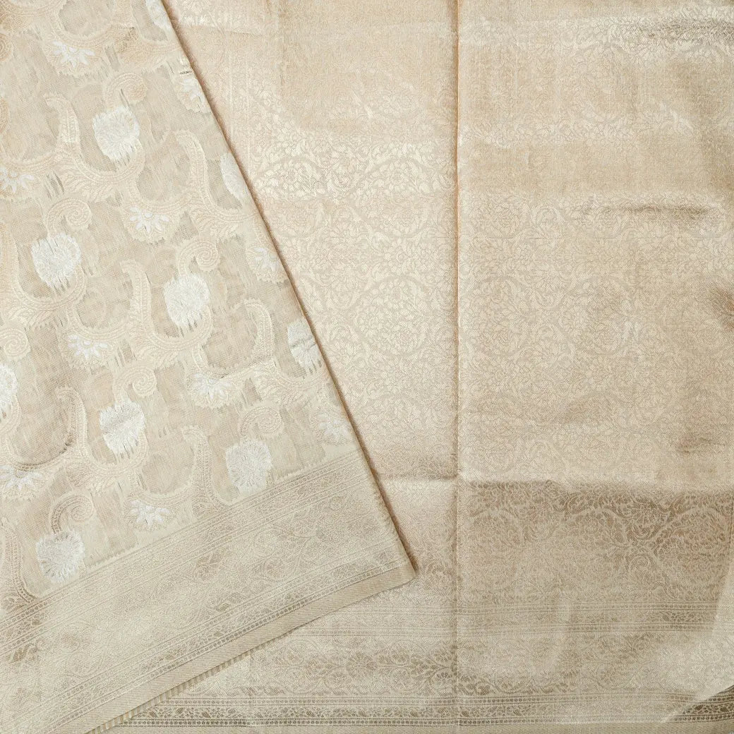LIGHT CREAM WITH WHITE FLORAL GOLD COLOR JERRY LINEN JACQUARD SAREES