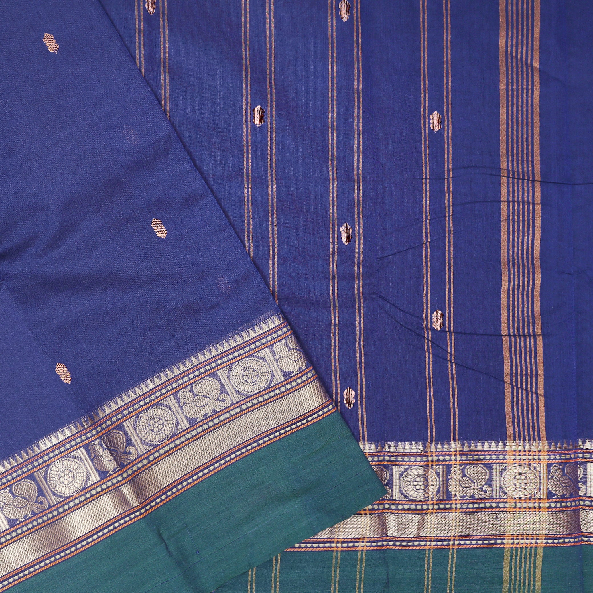 Navy Blue With Dark Green Pure Cotton Saree without Blous