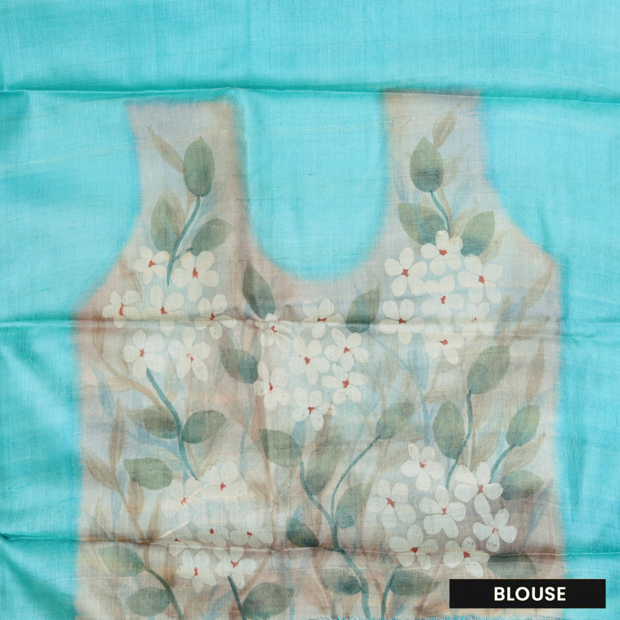Pure Tussar Silk Saree Turquoise With Floral Design and Painted Prints and Zari Woven Border