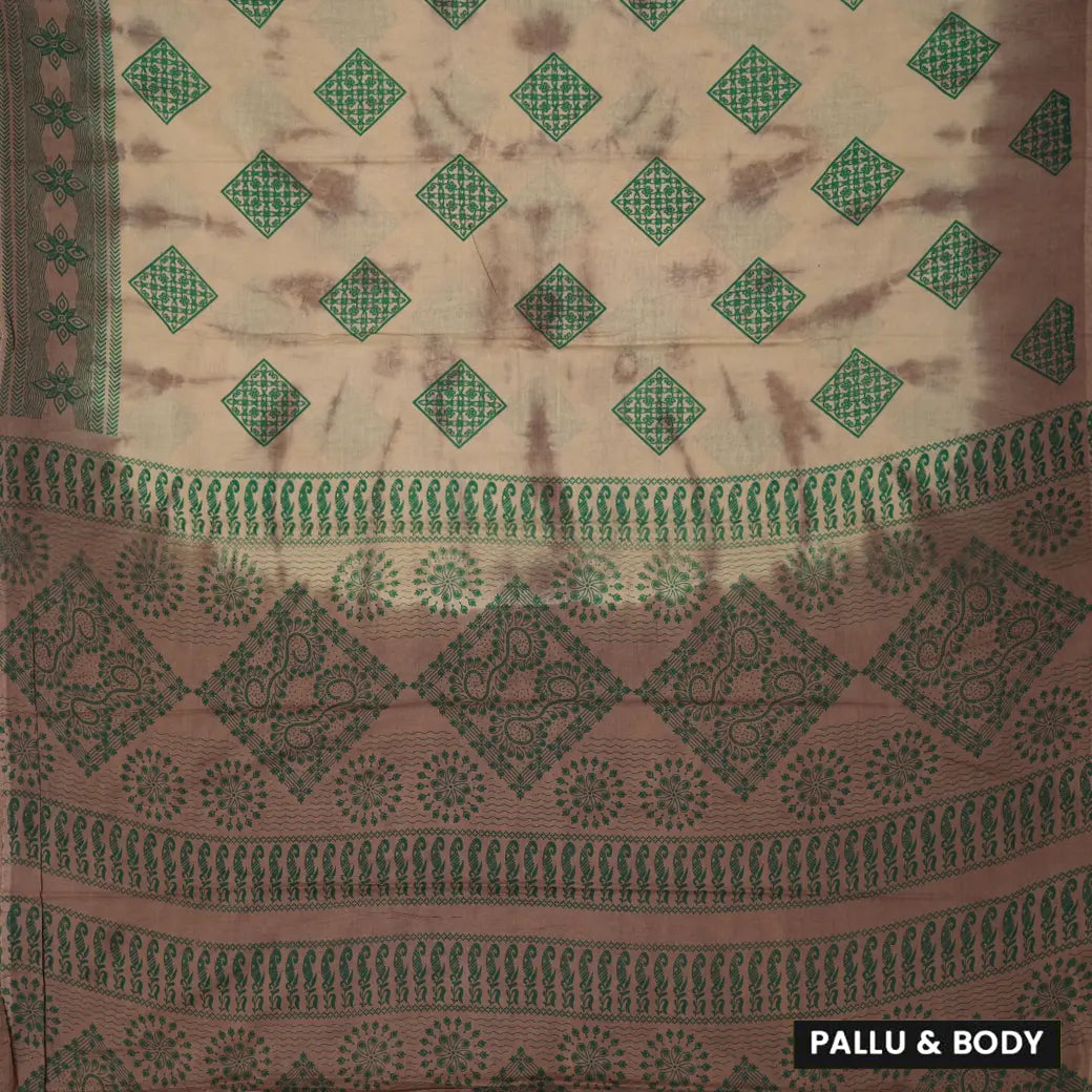 beige with light brown Sungudi Cotton Saree without Blouse