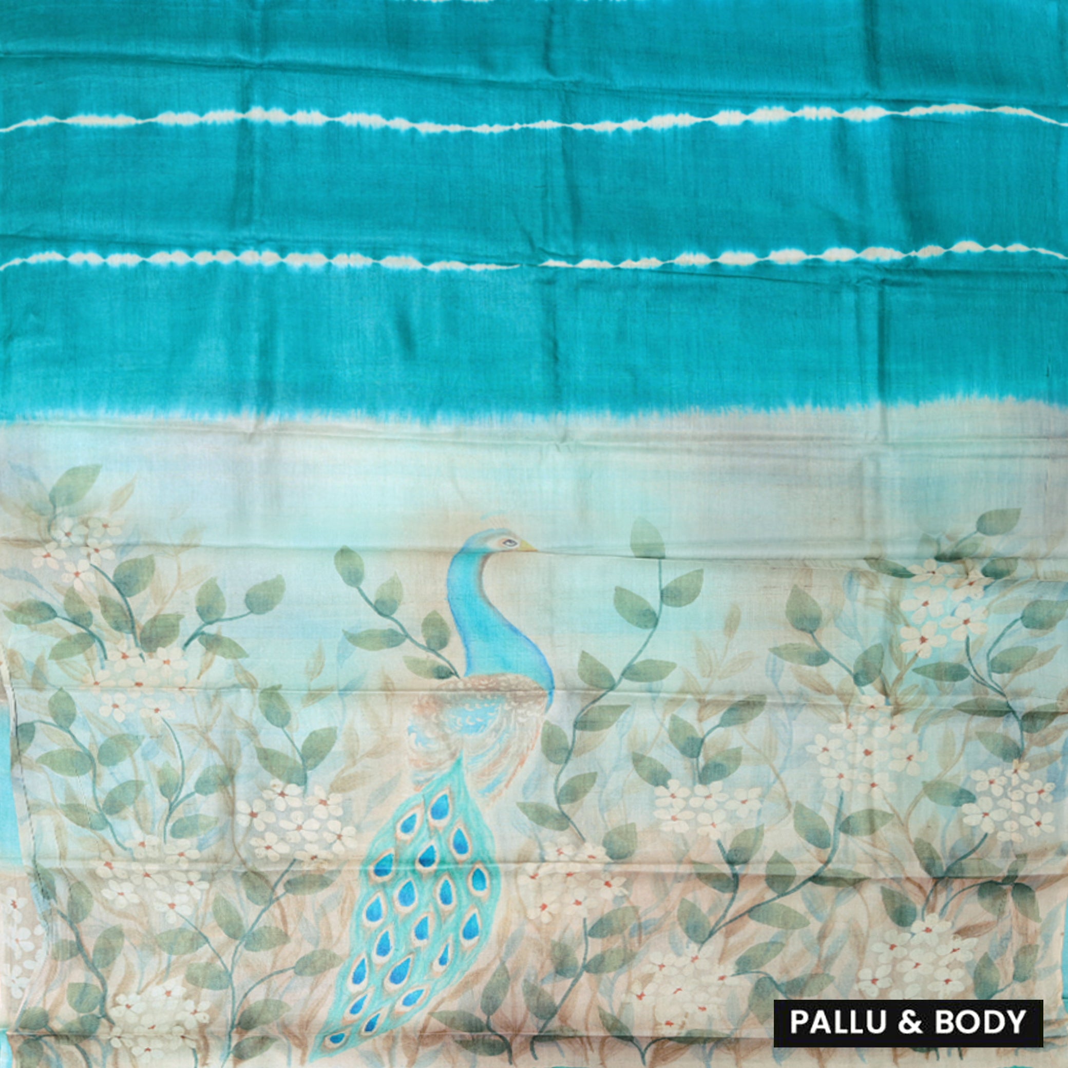 Pure Tussar Silk Saree Turquoise With Floral Design and Painted Prints and Zari Woven Border