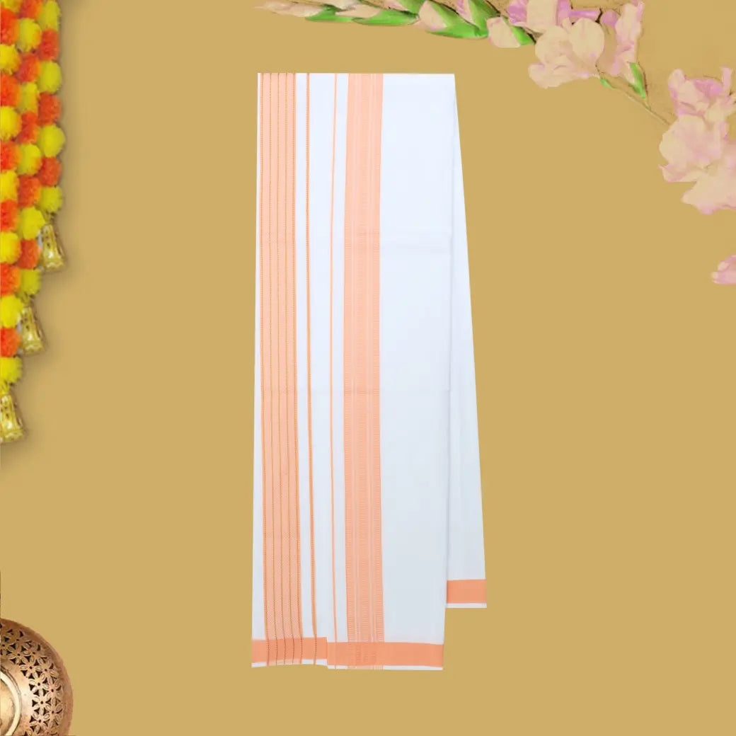 Orange With White Cotton Readymade Shirt and Double Matching Border Dhoti Set For Men