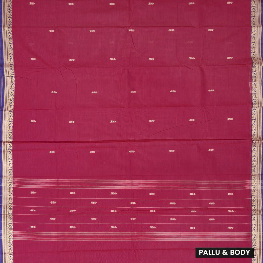 Magenta Pink With Blue Contrast Border Pure Cotton Saree