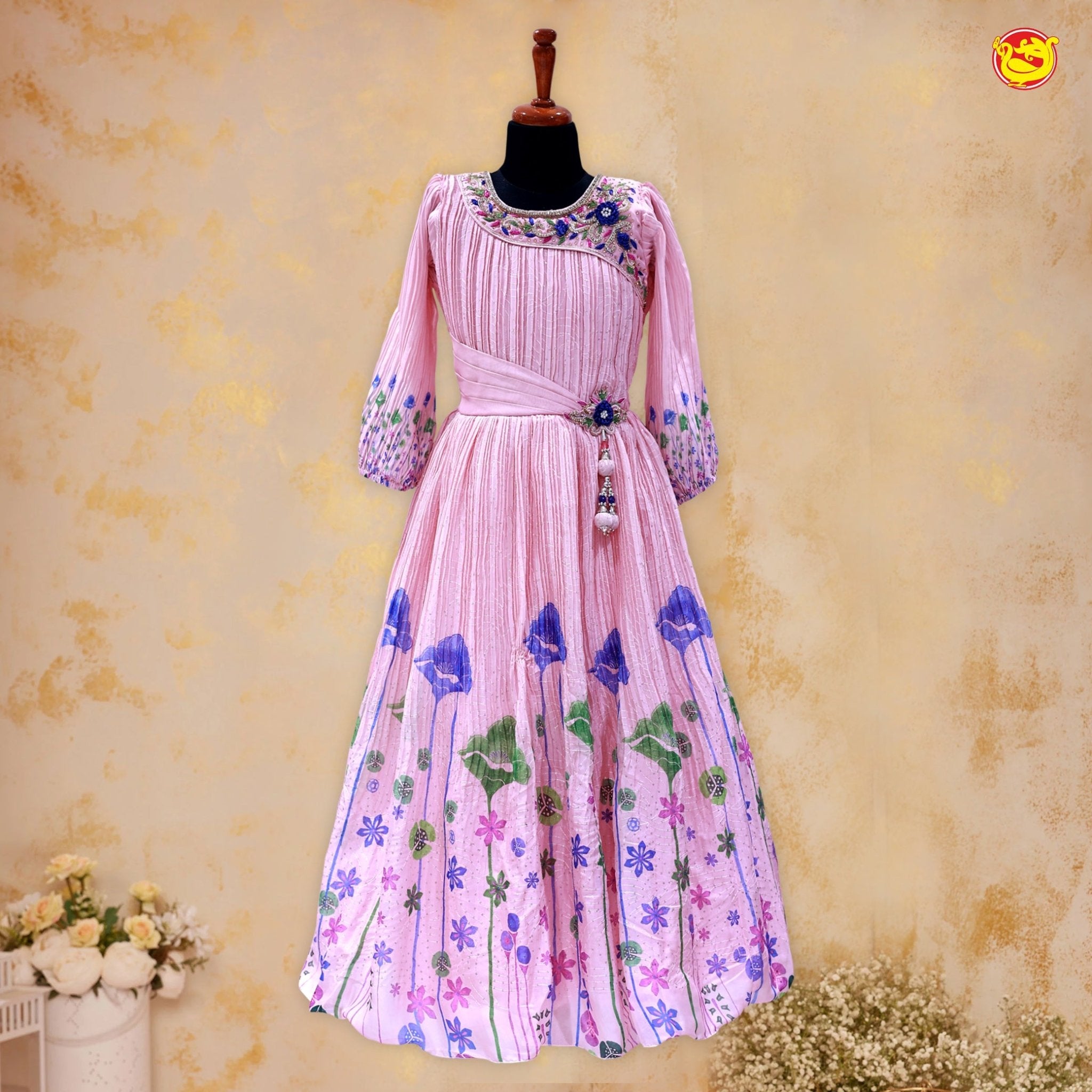 Peach Beautiful Digital Print Floral Girls Branded Readymade Frock - Thenianantham