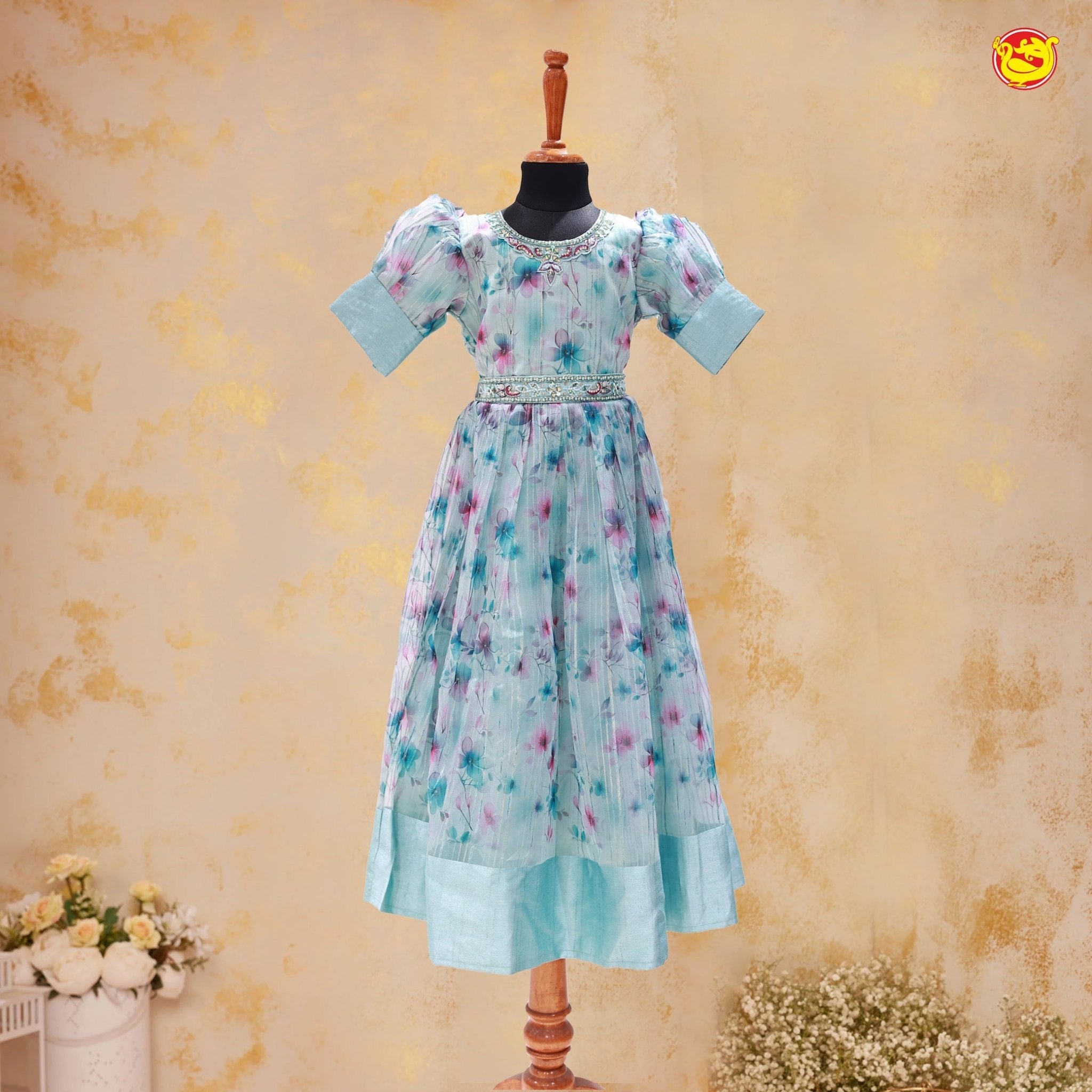 Ice Blue Lovely Colourful Floral Girls Branded Readymade Partywear Gown - Thenianantham