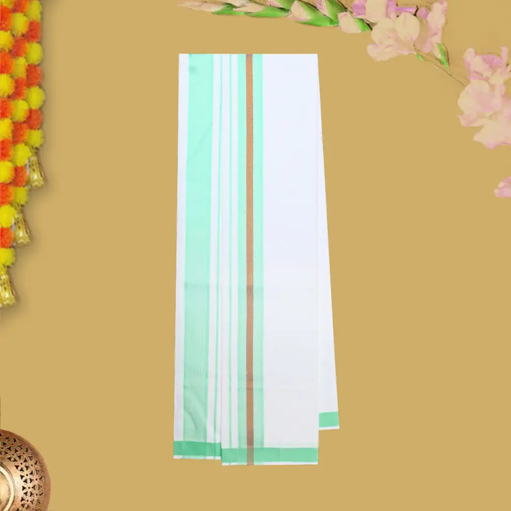 Green With White Cotton Readymade Shirt and Double Matching Border Dhoti Set For Men