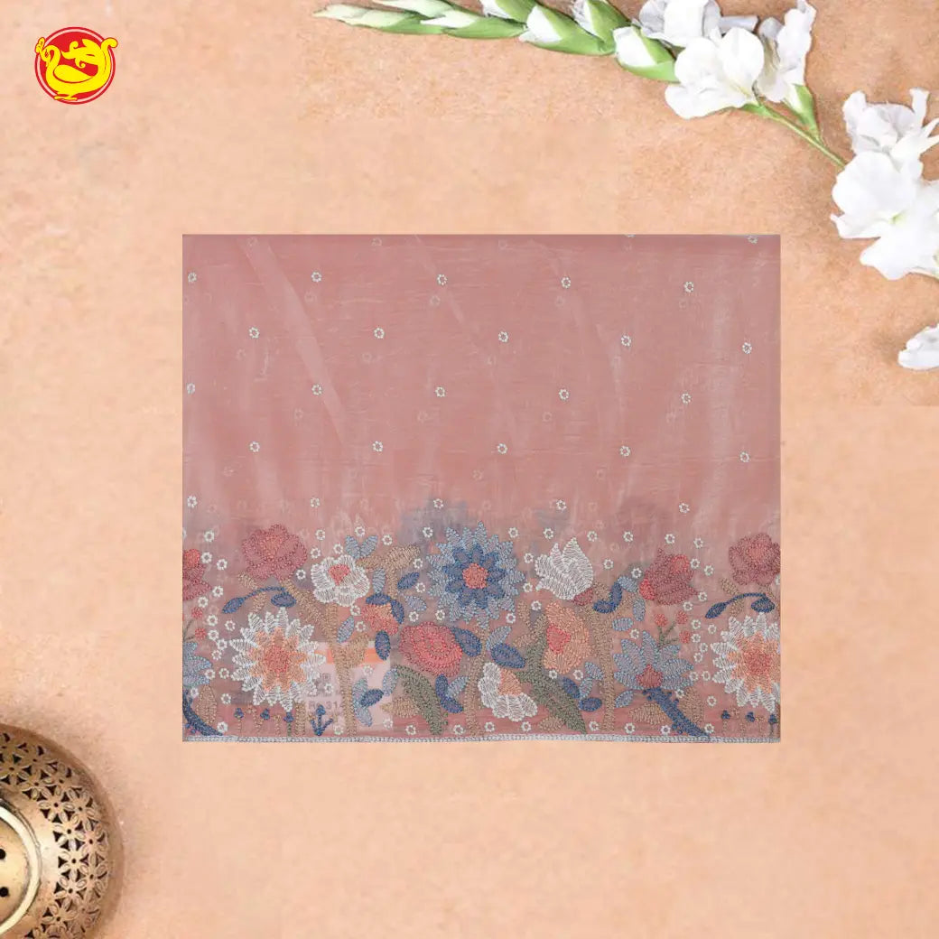 Baby Pink with Embroidery work Buttas and Floral Design Tissue Saree