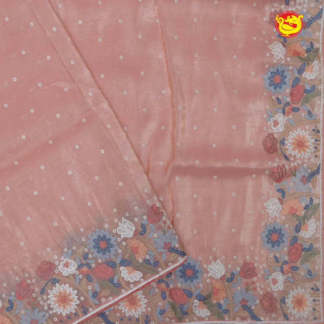 Baby Pink with Embroidery work Buttas and Floral Design Tissue Saree