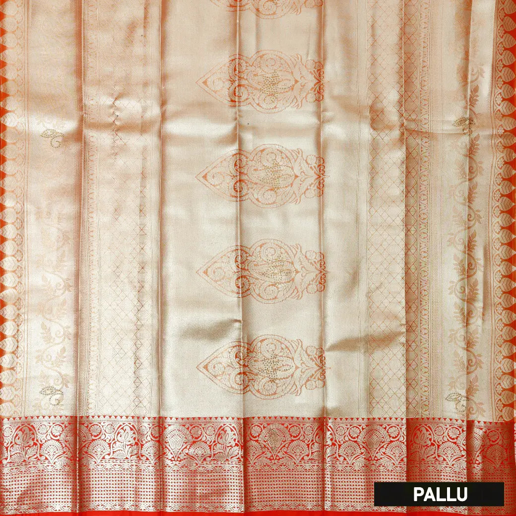 Yellow With Orange Red Floral Design Tissue Silk Saree