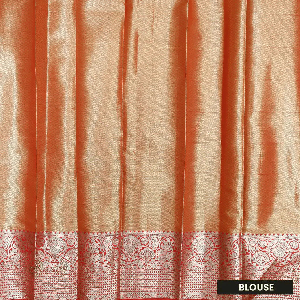 Yellow With Orange Red Floral Design Tissue Silk Saree