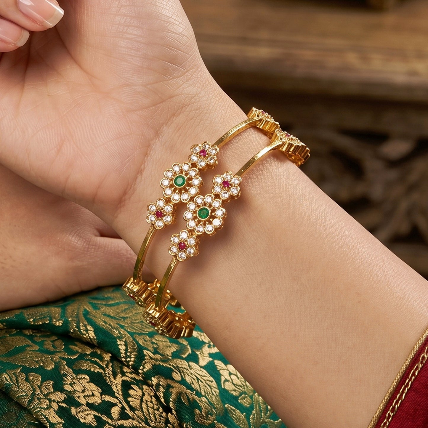 Gold-Plated Floral Design With Ad Stone bangles