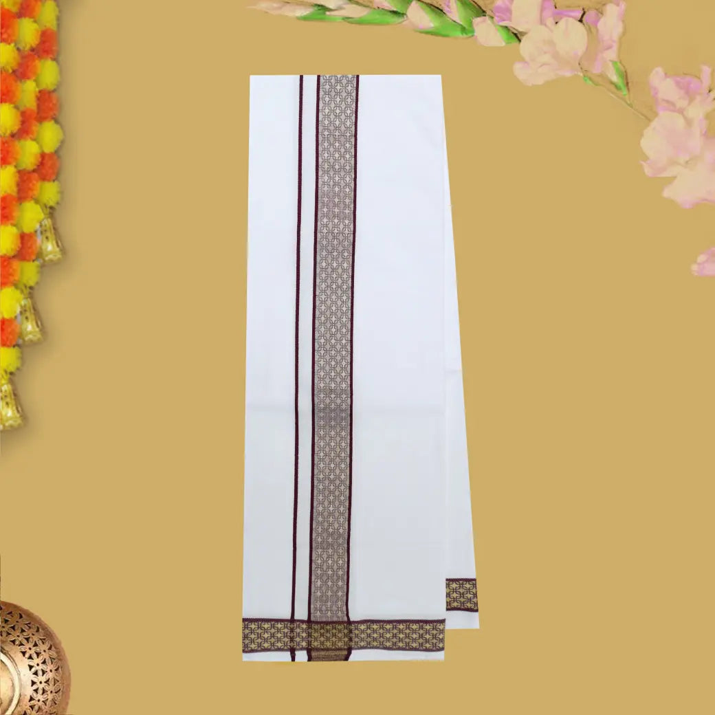 Red With White Cotton Readymade Shirt and Singel Matching Border Dhoti Set For Men