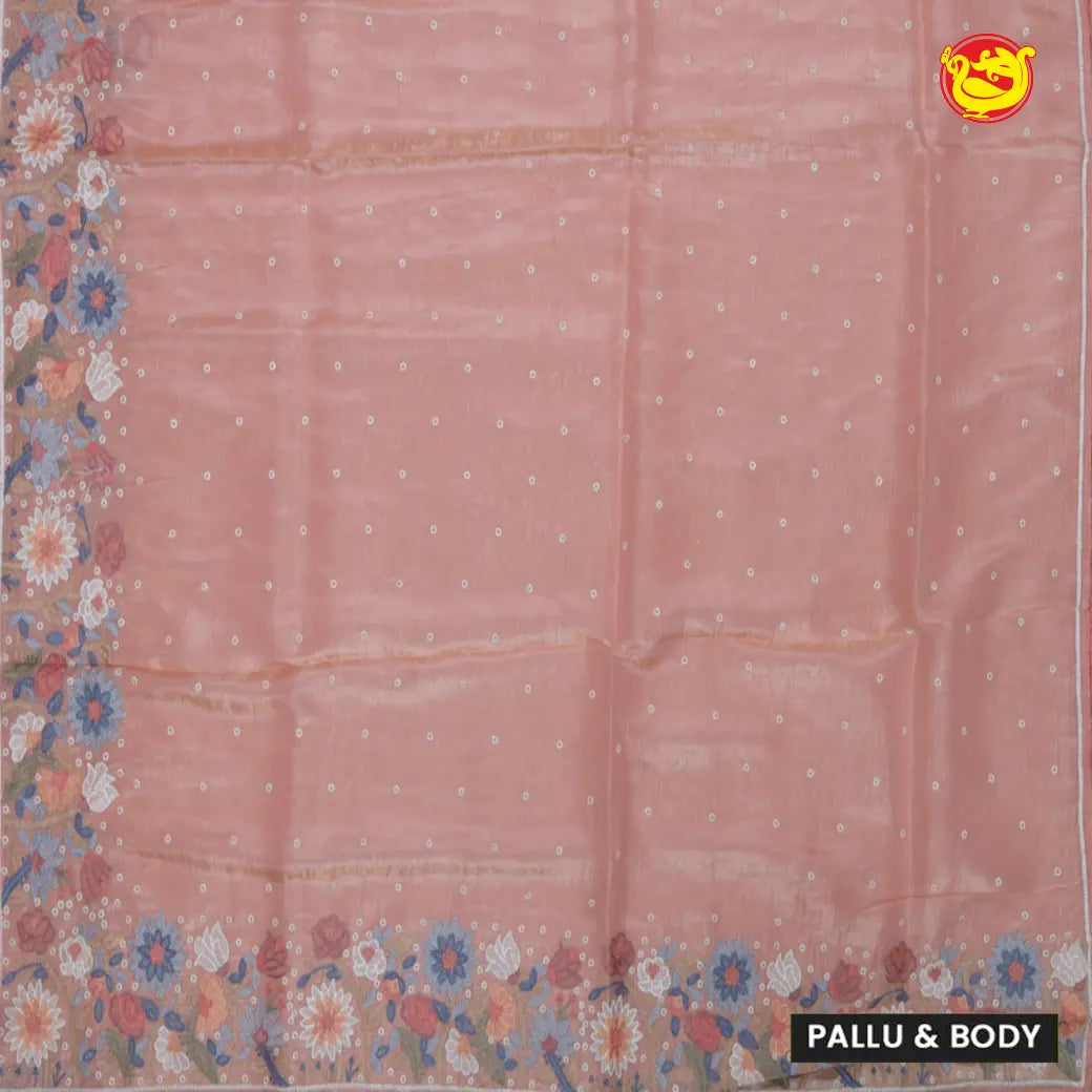Baby Pink with Embroidery work Buttas and Floral Design Tissue Saree