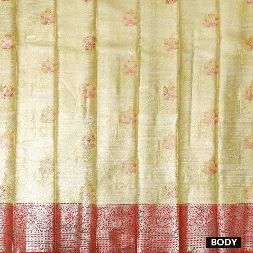 Yellow With Orange Red Floral Design Tissue Silk Saree