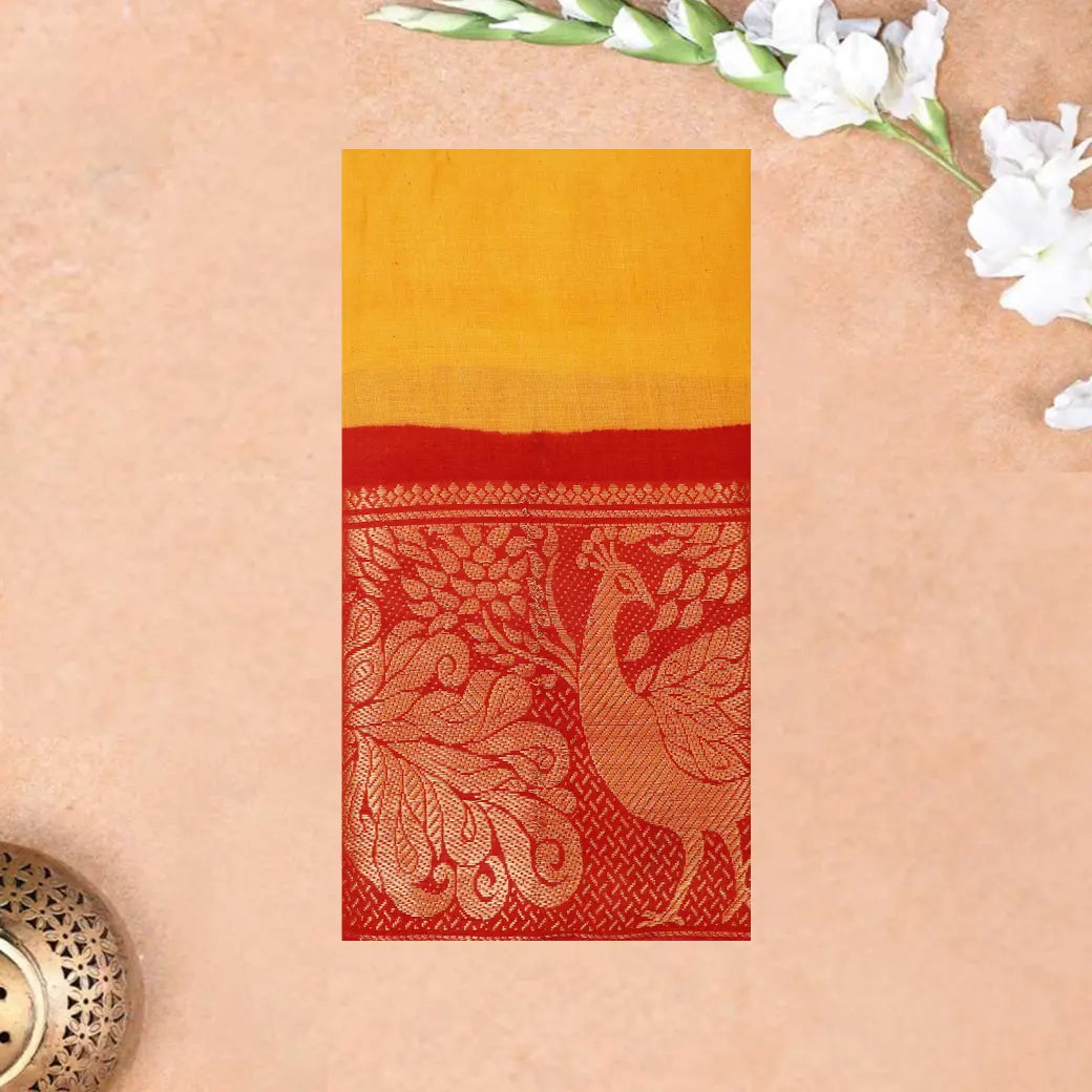 Mango Yellow With red Sungudi Cotton Saree without Blouse